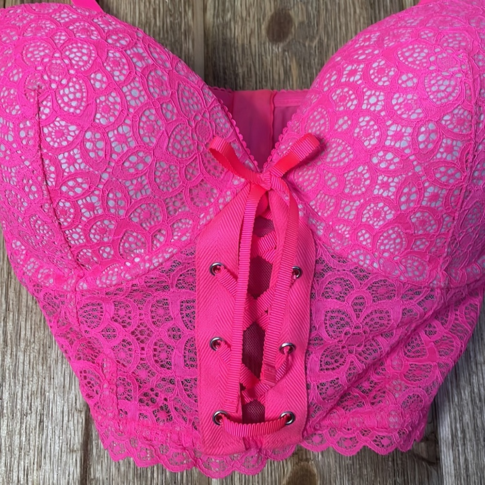 Victoria Secret Lace Demi Padded Bustier Corset Push Up 34DD Vibrant Pink